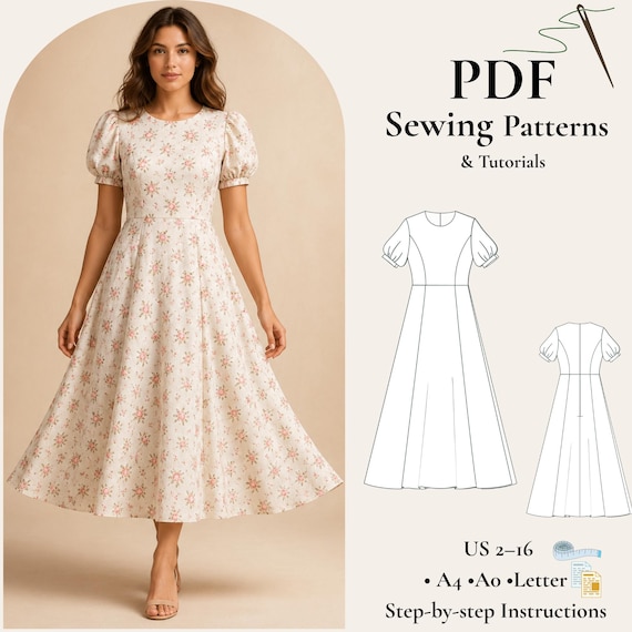 Floral Midi Dress Sewing Pattern PDF, Puff Sleeve Dress Pattern, Cottagecore Dress, Princess Seam Dress XS-5XL - Etsy Floral Midi Dress Sewing Pattern PDF, Puff Sleeve Dress Pattern, Cottagecore Dress, Princess Seam Dress XS-5XL - Etsy
