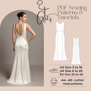 Puede incluir: Una mujer posa con un vestido blanco largo con la espalda descubierta. La imagen incluye el logotipo "Glitz" y el texto "PDF Sewing Patterns & Tutorials". También se muestran patrones de vestidos y tablas de tallas, incluyendo tallas de la UE de la 32 a la 46.