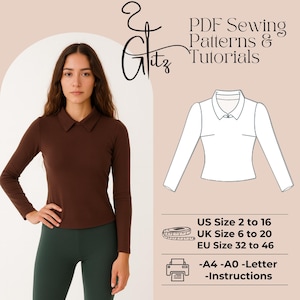 May include: A woman in a long-sleeved, brown collared top and dark green leggings. The image features a line drawing of the top and text: "PDF Sewing Patterns & Tutorials." Size charts are included for UK, EU, and US sizes.