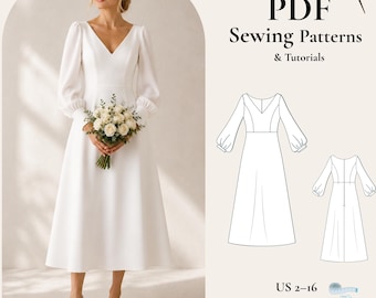 Puede incluir: Un vestido de novia blanco con mangas largas y cuello en V, sostenido por una persona. El vestido tiene una longitud midi y se combina con tacones blancos. La imagen también incluye un patrón de costura PDF con el texto "PDF Sewing Patterns & Tutorials".