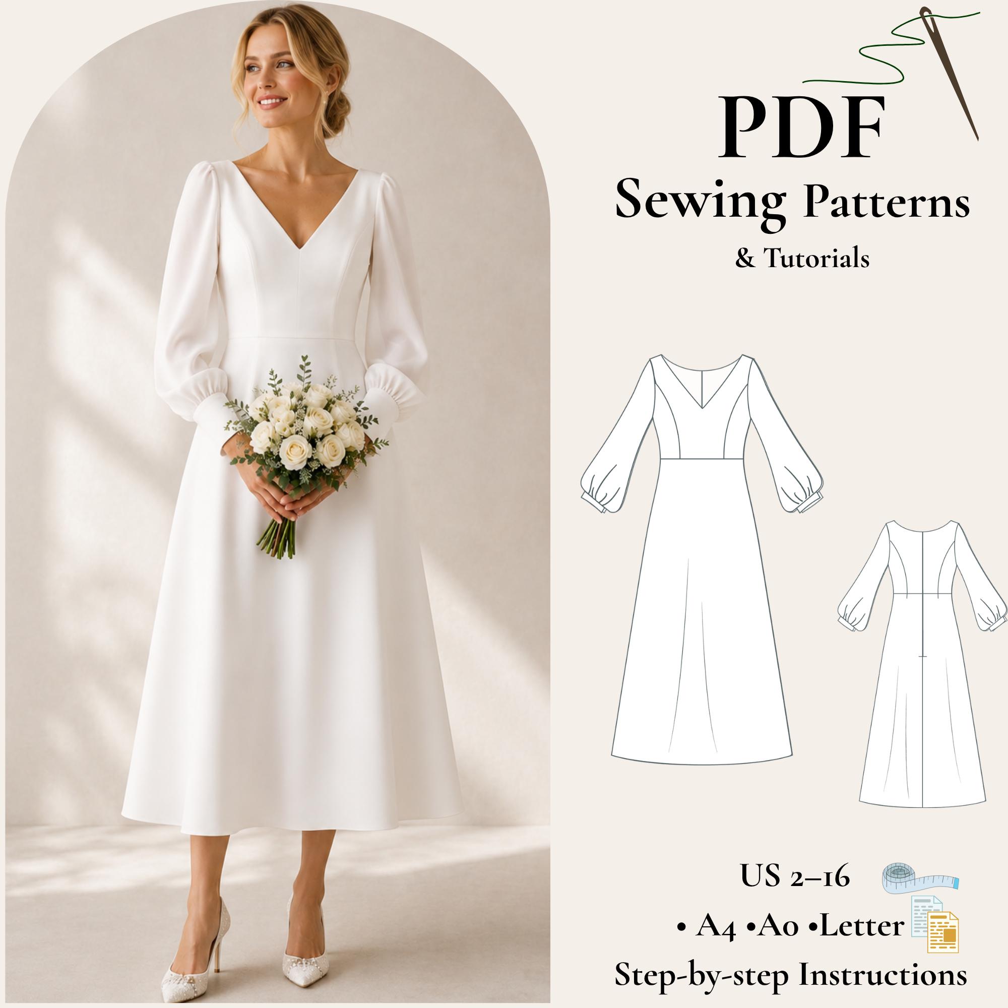 Puff Sleeve Wedding Dress Sewing Pattern PDF | Deep V Neck Bridal Gown Pattern | Bishop Sleeve Dress | A4 A0 Letter | XS-XXXL - Etsy Puff Sleeve Wedding Dress Sewing Pattern PDF | Deep V Neck Bridal Gown Pattern | Bishop Sleeve Dress | A4 A0 Letter | XS-XXXL - Etsy