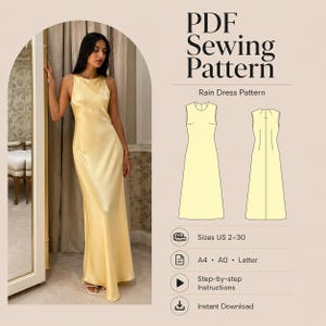 Patrón de costura para vestido largo de noche de satén, ideal para principiantes (patrón en PDF, tallas estadounidenses 2-30).