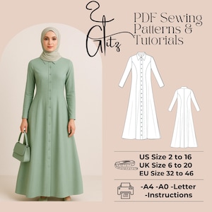 Op de afbeelding: Een vrouw draagt een saliegroene overhemdjurk en houdt een bijpassende handtas vast. De afbeelding bevat een naaipatroon en de tekst "PDF Sewing Patterns & Tutorials". Maattabellen zijn ook inbegrepen.