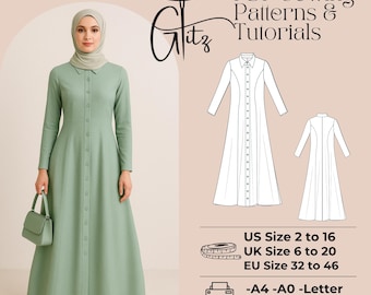 Modest Dress with Buttoned Sewing Pattern Muslim Hijab Abaya Pattern Robe Kaftan