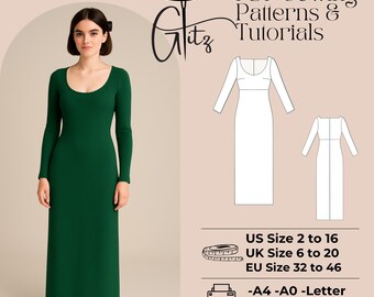 Puede incluir: Una mujer con un vestido verde esmeralda de manga larga y cuello redondo. La imagen incluye un diagrama de patrón de costura y el texto "PDF Sewing Patterns & Tutorials". También se proporciona información sobre tallas.
