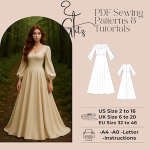 May include: A PDF sewing pattern and tutorial for a long, cream-colored dress with a square neckline and long, puffed sleeves. The pattern is available in sizes US 2 to 16, UK 6 to 20, and EU 32 to 46. The pattern can be printed on A4, A0, or Letter paper. Instructions are included.