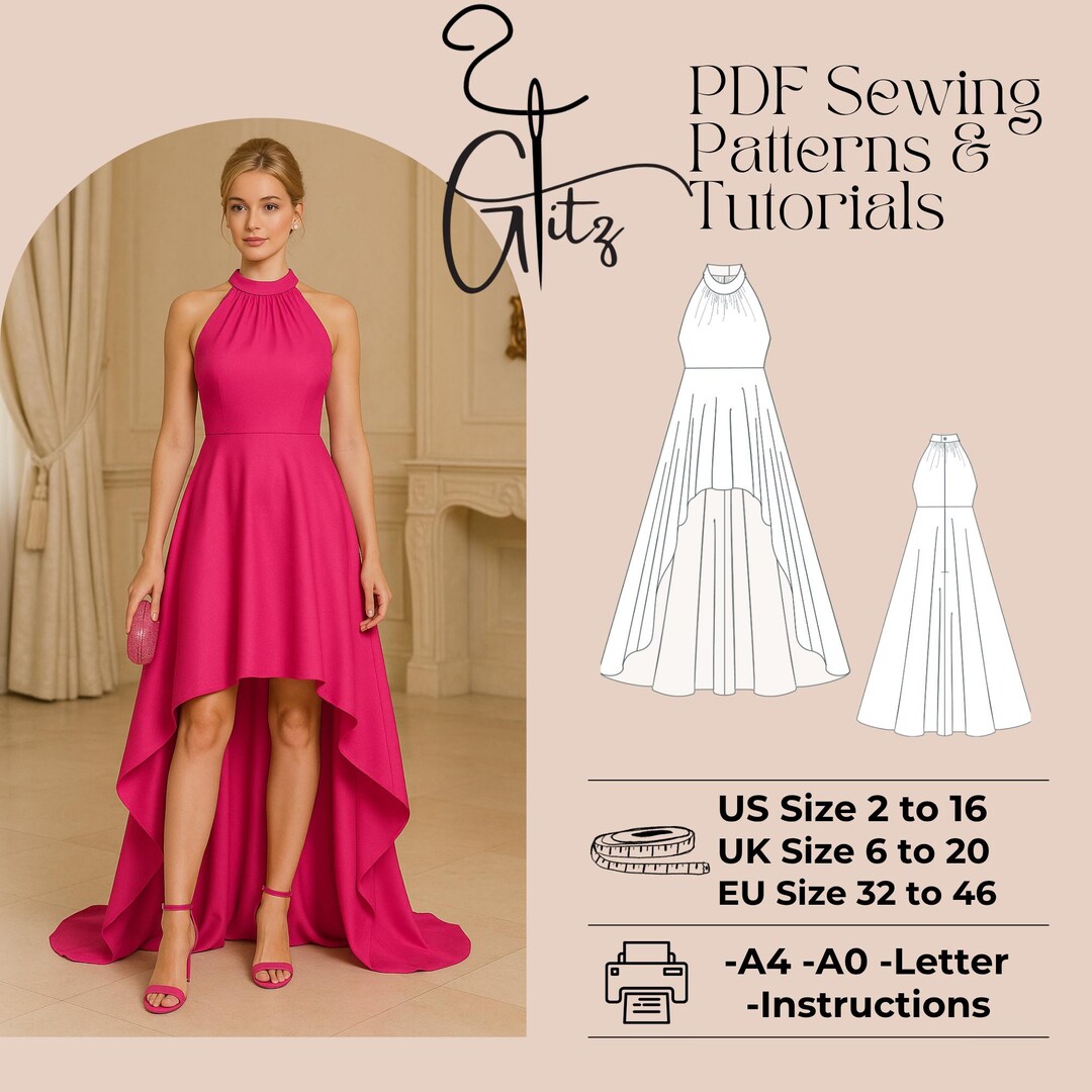 Halter Neck Hi Low Prom Dress Sewing Pattern (PDF) - Etsy