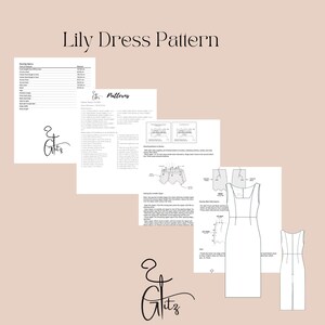 K&ouml;nnte beinhalten: N&auml;hmuster f&uuml;r ein Lily-Kleid mit Illustrationen der Kleiderschnittteile. Das Muster enth&auml;lt Anweisungen zum N&auml;hen von Oberteil, Rock und Ausschnitt.