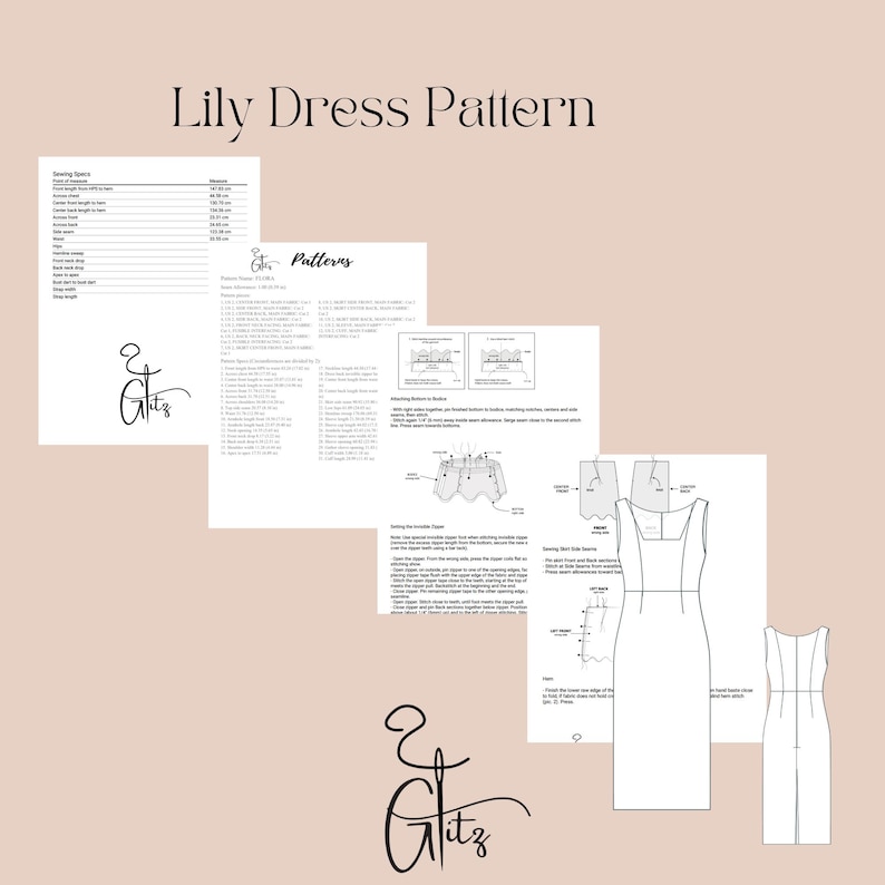 K&ouml;nnte beinhalten: N&auml;hmuster f&uuml;r ein Lily-Kleid mit Illustrationen der Kleiderschnittteile. Das Muster enth&auml;lt Anweisungen zum N&auml;hen von Oberteil, Rock und Ausschnitt.
