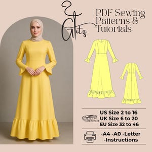 May include: A digital sewing pattern for a yellow maxi dress with a ruffled hem and long sleeves. The pattern includes instructions and is available in sizes US 2 to 16, UK 6 to 20, and EU 32 to 46. The pattern can be printed on A4, A0, or Letter size paper.