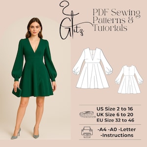 Peut inclure: Une femme porte une robe vert foncé à manches longues et col en V, avec des talons et une pochette assortis. L'image comprend un patron de couture et le texte "PDF Sewing Patterns & Tutorials". Tailles : EU 32 à 46.