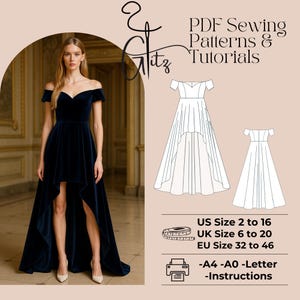 Puede incluir: Un patrón de costura PDF y un tutorial para un vestido de corte alto-bajo con escote de hombros descubiertos. El patrón incluye las tallas US 2 a 16, UK 6 a 20 y EU 32 a 46. El patrón está disponible en tamaños A4, A0 y Letter. El patrón también incluye instrucciones.