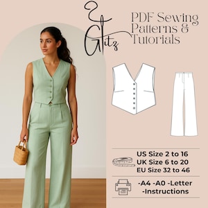 May include: A woman in a light green vest and matching wide-leg pants, holding a small woven bag. The image includes a diagram of the vest and pants, along with text that reads "PDF Sewing Patterns & Tutorials" and size information.