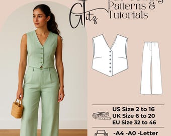 Women Linen Summer Set , Pants and Vest Sewing Pattern Set, Women Linen Waistcoat Wide Leg Trousers PDF Pattern Two Piece Set
