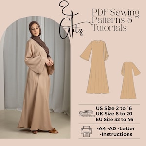 Patrón de costura para vestido musulmán con hiyab, patrón de vestido modesto, patrón de vestido largo, patrón de costura fácil