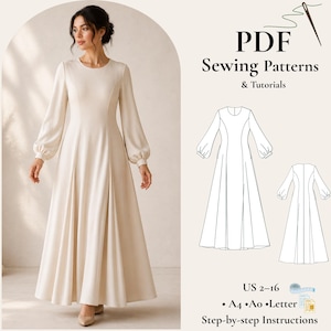 May include: A cream-coloured long-sleeved dress with a full skirt is shown. The image includes a PDF sewing pattern with the text "PDF Sewing Patterns & Tutorials" and size information.