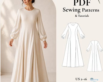 Long Sleeve Dress Sewing Pattern | A-line Dress Sewing Pattern | High Neck Dress  Sewing Pattern | Women Dress Pattern | Panel Dress Pattern - Etsy