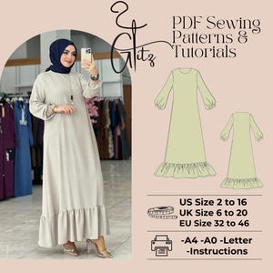 May include: A PDF sewing pattern and tutorial for a long, beige dress with a ruffled hem. The pattern includes sizes US 2 to 16, UK 6 to 20, and EU 32 to 46. The pattern is available in A4, A0, and Letter sizes.