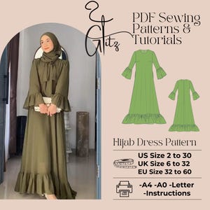 May include: A digital sewing pattern for a green hijab dress with ruffled sleeves and hem. The pattern includes instructions and is available in sizes UK 6 to 32, EU 32 to 60, and US 2 to 30.