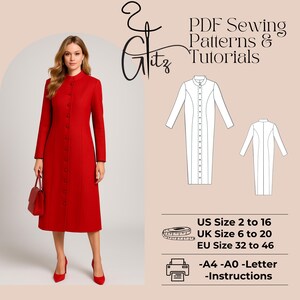 May include: A woman in a red coat with a high collar and button details, holding a red purse and wearing red heels. The image includes a sewing pattern diagram and text: "PDF Sewing Patterns & Tutorials". Sizes US 2-16.