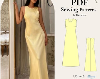 Satin Maxi Evening Dress Sewing Pattern, Beginner Friendly (PDF Pattern, US 2-30)