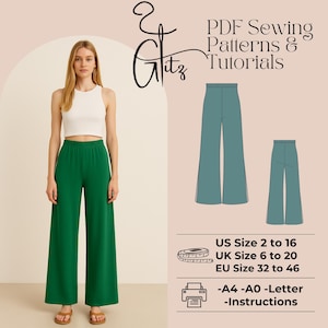 Lange wijde pijpen zomer linnen broek naaipatroon elastische taille broek digitaal patroon gemakkelijk broekpatroon hoge taille Palazzo