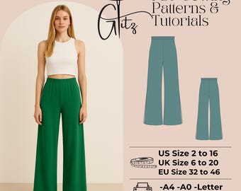 Long Wide Leg Summer Linen Pants Sewing Pattern Elastic Waist Trousers Digital Pattern Easy Pants Pattern High Waist Palazzo