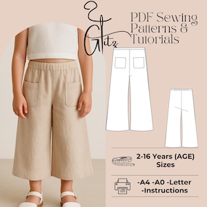 May include: Tan culottes with large front pockets are shown on a child. The image includes a diagram of the pants, text that reads "PDF Sewing Patterns & Tutorials", and size information for ages 2-16 years. The text also includes "-A4 -A0 -Letter -Instructions."