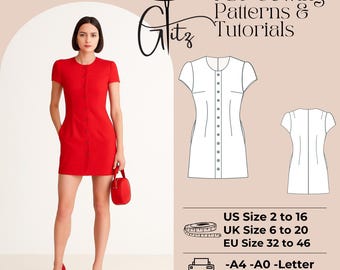 Patrón de costura para minivestido abotonado (tallas EE. UU. 2-30/UE 32-60) (patrón PDF)
