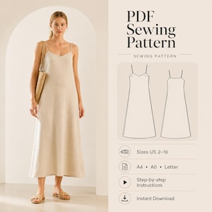 May include: A PDF sewing pattern for a beige, spaghetti-strap dress with a V-neck. The pattern includes sizes US 2-16 and step-by-step instructions. The image also shows a woman wearing the dress and carrying a straw tote bag.
