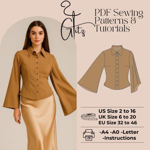 Patrón de costura para camisa acampanada de manga larga con botones (A0-A4, tallas estadounidenses 2-30) (patrón en PDF)