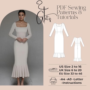 Peut inclure: Une robe blanche de style sirène à manches longues et un décolleté carré. La robe a un corsage ajusté et une jupe fluide avec un volant à l'ourlet. L'image comprend un dessin au trait de la robe et des informations sur le patron de couture, y compris les tailles et les options d'impression. Le texte indique "PDF Sewing Patterns & Tutorials", "US Size 2 to 16", "UK Size 6 to 20", "EU Size 32 to 46", "-A4-A0-Letter", et "-Instructions".