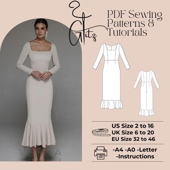 Long Sleeve Evening Dress Sewing Pattern, Flounce Skirt (PDF Pattern) - Etsy