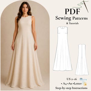 Op de afbeelding: Een vrouw draagt een crèmekleurige mouwloze jurk. De afbeelding bevat ook een PDF-naaipatroon met de tekst "PDF Sewing Patterns & Tutorials" en maat informatie US 2-16. Inclusief A4, Ao en Letter stap-voor-stap instructies.