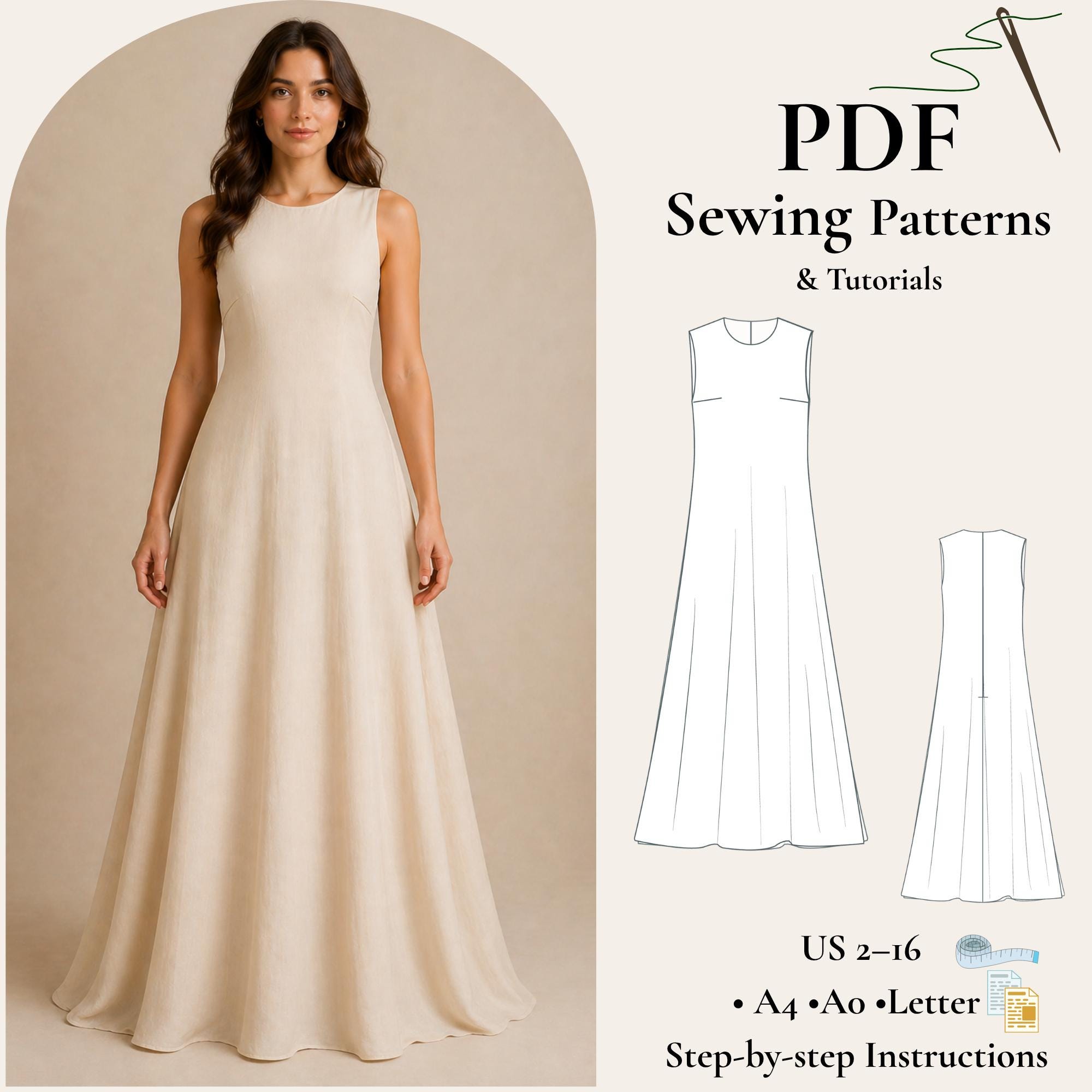 linen maxi dress sewing pattern Linen Maxi Dress Sewing Pattern, Long Sleeve Empire Waist (XS-4XL) (PDF  Pattern)