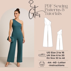 May include: A teal one-shoulder jumpsuit with wide legs and a matching clutch. The image also includes a line drawing of the jumpsuit, along with text that reads "PDF Sewing Patterns & Tutorials." Size range: UK 6 to 20.