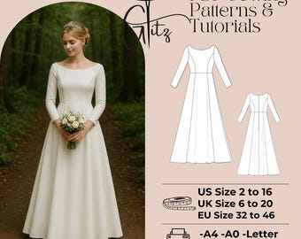 Long Sleeve Boat Neck Wedding Dress Sewing Pattern (PDF)