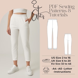 May include: White sweatpants with an elastic waistband and cuffs. The image also includes a diagram of the pants, sewing pattern details, and the text "PDF Sewing Patterns & Tutorials". Size chart includes US, UK, and EU sizes.