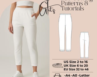 Damen Jogger Hose Schnittmuster PDF | Elastische Taille und Bündchen, Innennahttasche