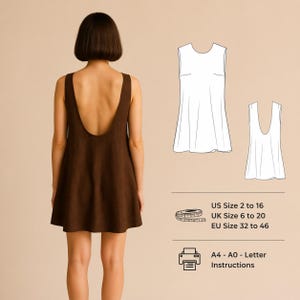 May include: A brown sleeveless dress with a low back is shown from the rear. The image also includes line drawings of the dress pattern, a measuring tape, and text indicating US sizes 2 to 16, UK sizes 6 to 20, and EU sizes 32 to 46, along with A4-A0-Letter instructions.