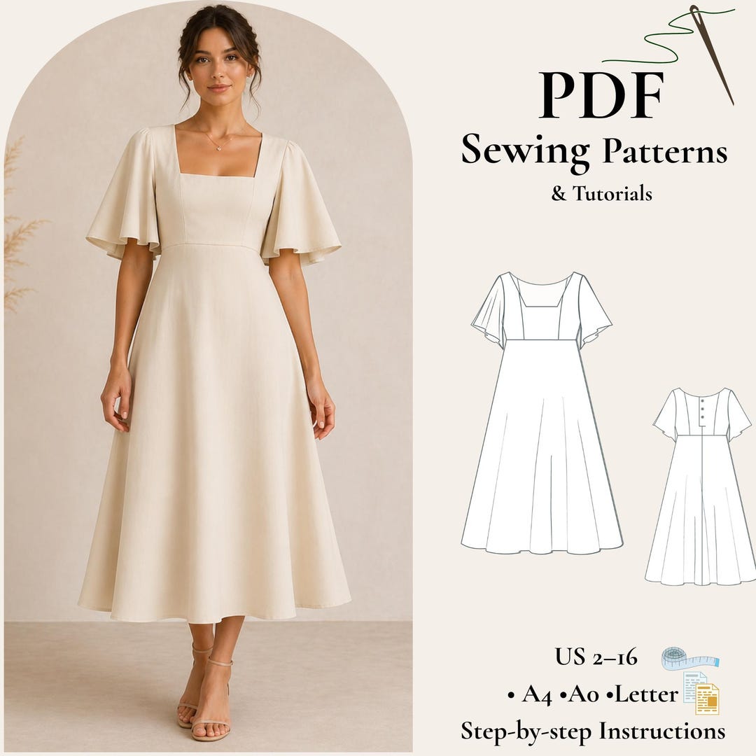 Empire Waist Dress Sewing Pattern PDF, Square Neck Dress Pattern, Flared  Sleeve Dress, Cottagecore Dress Pattern, Tea Length Dress XS-5XL - Etsy