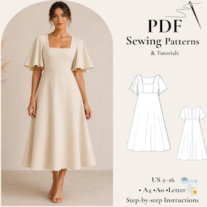 May include: A cream-coloured dress with a square neckline and flared sleeves is worn by a woman. The dress features a fitted bodice and a flowing skirt. The image also includes a PDF sewing pattern with the text "PDF Sewing Patterns & Tutorials" and size information.