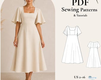 PDF PDF Schnittmuster für Empire-Taille, Kleid mit eckigem Ausschnitt, Kleid mit ausgestellten Ärmeln, Cottagecore Kleid Schnittmuster, schmales Kleid XS-5XL