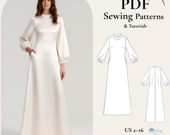 Maxi Dress Sewing Pattern | High Neck Long Sleeve Dress PDF | Bishop Sleeve A-Line Dress | Full Length Elegant Dress Pattern Modest Dress