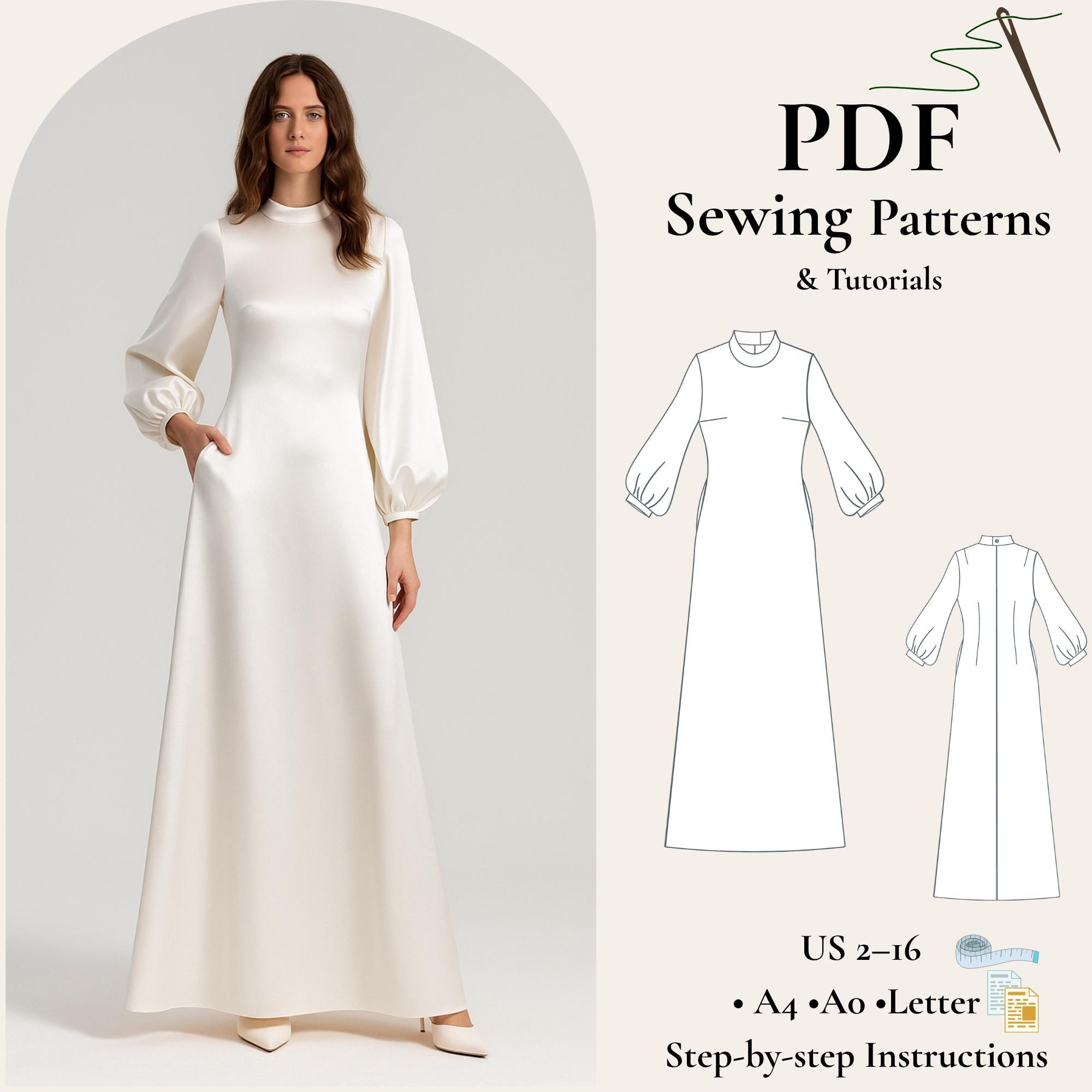 Maxi Dress Sewing Pattern | High Neck Long Sleeve Dress PDF | Bishop Sleeve  A-line Dress | Full Length Elegant Dress Pattern Modest Dress - Etsy