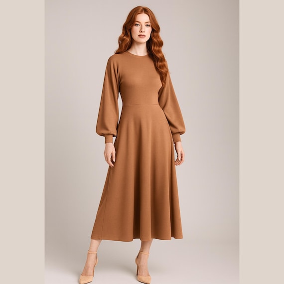 brown puff sleeve midi dress Lilith Brown & Gold Puff Sleeve High Neck Midi Dress – Girl In Mind main image 0