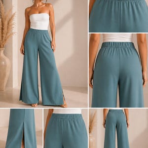Puede incluir: Una mujer con un top blanco sin tirantes y pantalones palazzo color verde azulado. Los pantalones tienen un dise&ntilde;o de pierna ancha con una abertura lateral. Los pantalones tienen una cintura el&aacute;stica.
