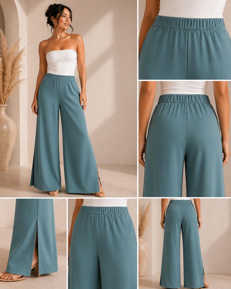 Puede incluir: Una mujer con un top blanco sin tirantes y pantalones palazzo color verde azulado. Los pantalones tienen un dise&ntilde;o de pierna ancha con una abertura lateral. Los pantalones tienen una cintura el&aacute;stica.