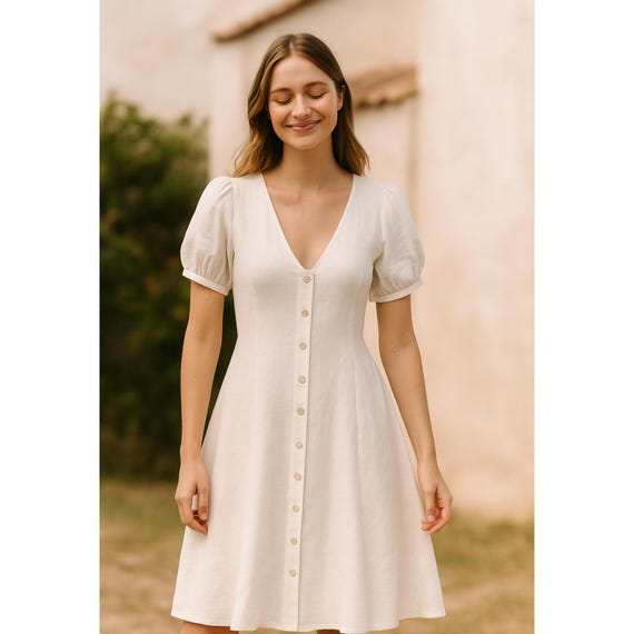 puff sleeve midi dress pattern Puff Sleeve Midi Dress Sewing Pattern (PDF) V Neck Buttoned Dress
