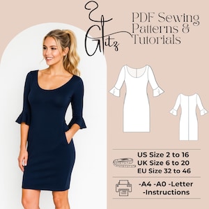 May include: A navy blue dress with a scoop neckline and flared sleeves. The dress has pockets and is shown on a model. The image also includes a sewing pattern diagram and text that reads "PDF Sewing Patterns & Tutorials."